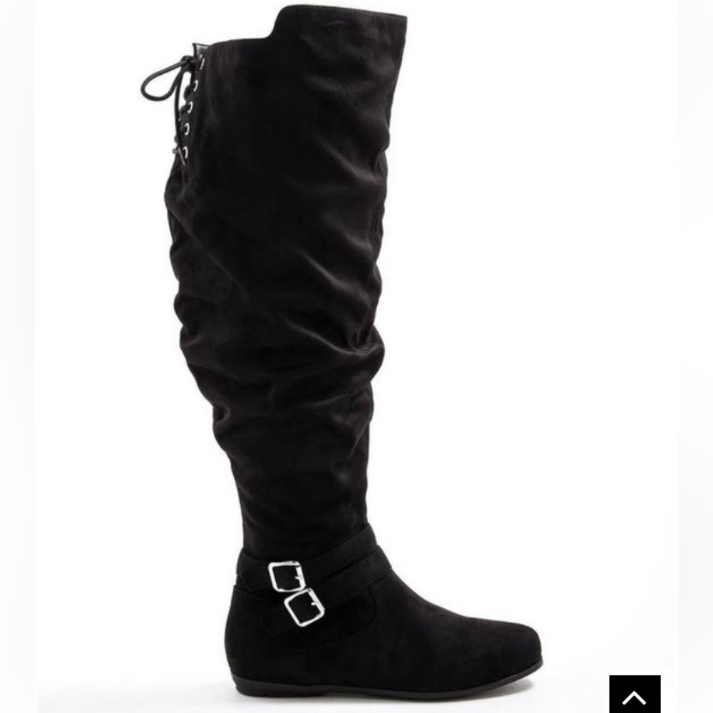 Double Buckle Over-The-Knee Boot - Faux Suede Black (WW)
